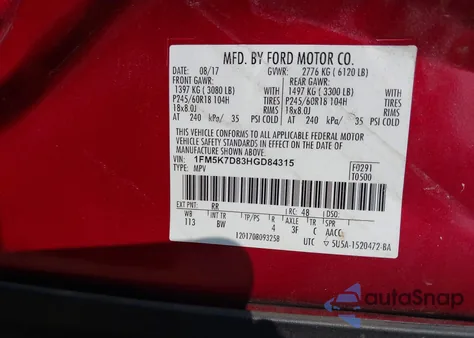 2017 Ford Explorer Xlt из США, поврежденный, VIN 1FM5K7D83HGD84315